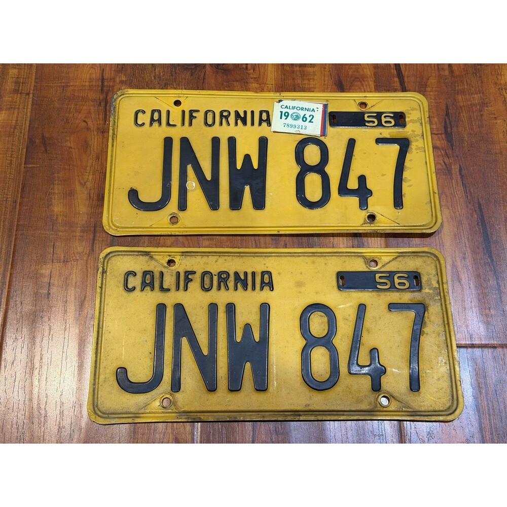 1956 1962 California DMV Car License Plates Original Tag Matching Pair - JNW 847